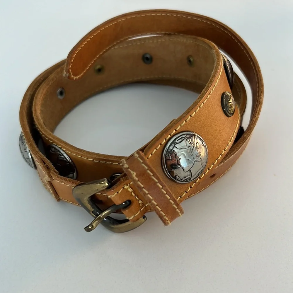 VTG Mustard Yellow Leather Coin Belt Brass Silver Metal Medallions Western Boho